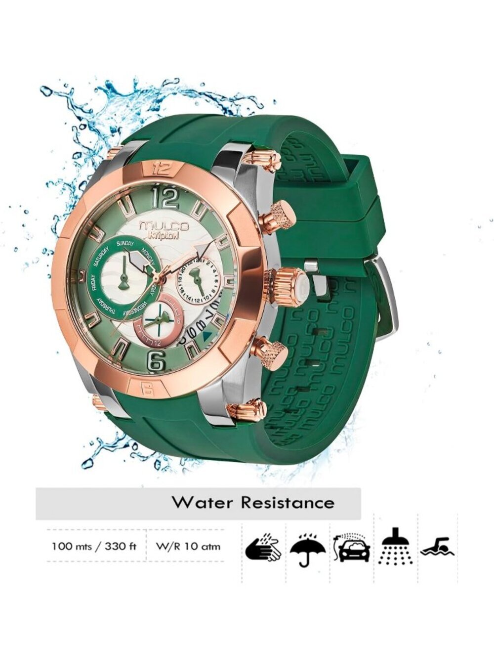 Women's Green Rose Gold Large Face Waterproof Stainless Steel Quartz Watches - Picture 2 of 7